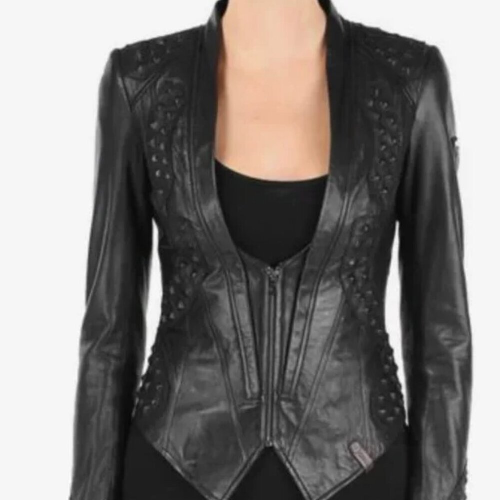 RARE Rudsak French Designer " Studded " Butter Soft Black Leather Jacket XS w/ - Picture 9 of 9